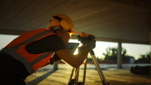 Inside of the Commercial / Industrial Building Construction Site: Professional Engineer Surveyor Takes Measures with Theodolite, Using Digital Tablet Computer. In the Background Skyscraper Formwork Frames and Crane