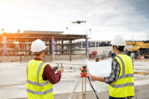Engineer surveyor working with theodolite at construction site